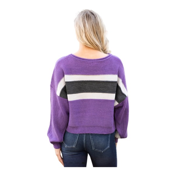 ee: some Sz Large Purple and Charcoal Stripe Colorblock Sweater - Picture 2 of 4